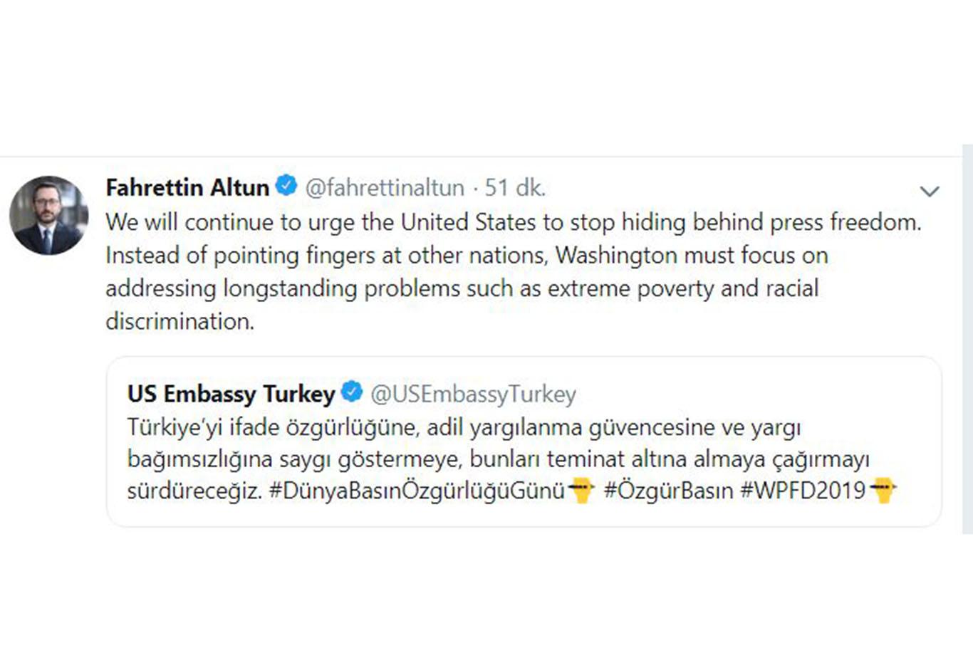 ​Cumhurbaşkanlığı İletişim Başkanı Altun'dan ABD Büyükelçiliği'ne tepki